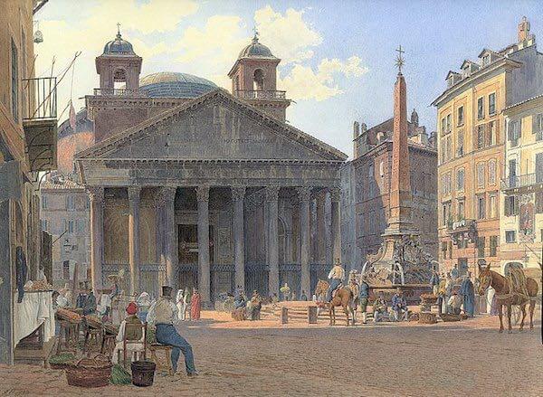 Stylized painting of the Pantheon in Rome as an example of concrete that lasts.