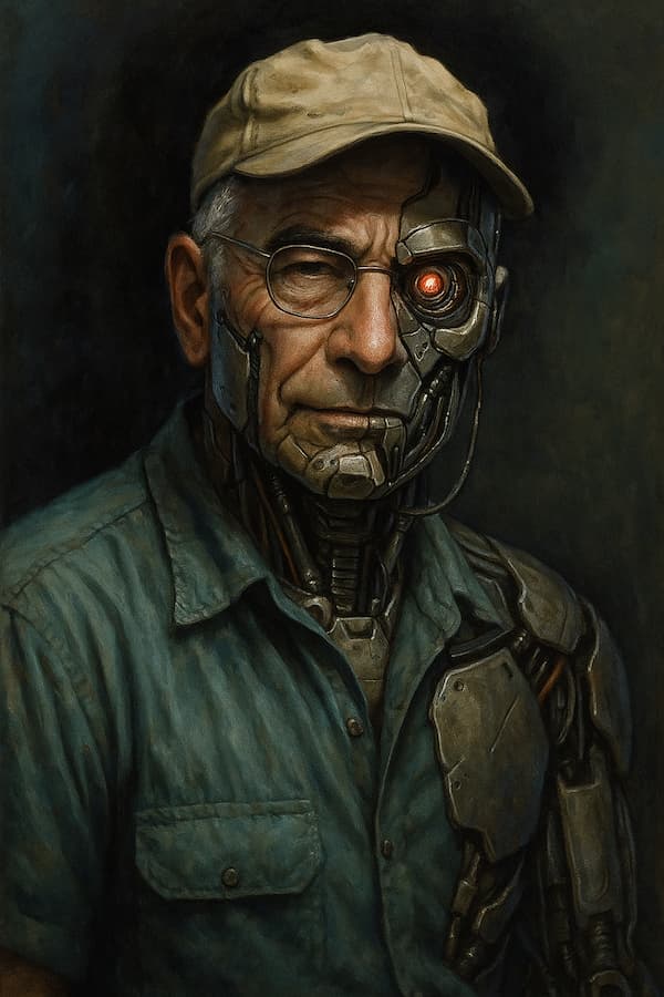 Portrait of McCoy Fields as half-human, half-android, wearing a tan cap and work shirt with visible mechanical components and a glowing red cybernetic eye.